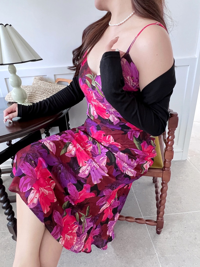 润其N8725法式收腰紫花鱼尾吊带裙批发 大码女装吊带连衣裙详情9