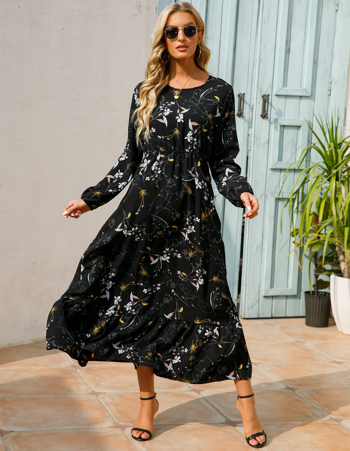 European and American floral long, round-neck, long-sleeved, waist-cinching and slimming dress pic 21
