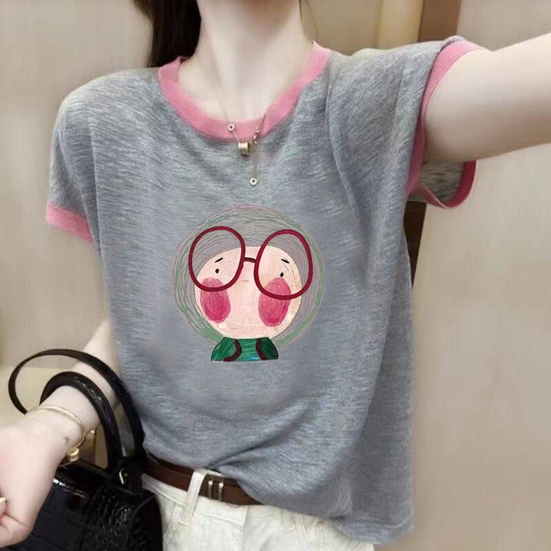 100%竹节棉短袖T恤女2024夏季新款大码宽松显瘦遮肚撞色印花上衣详情6