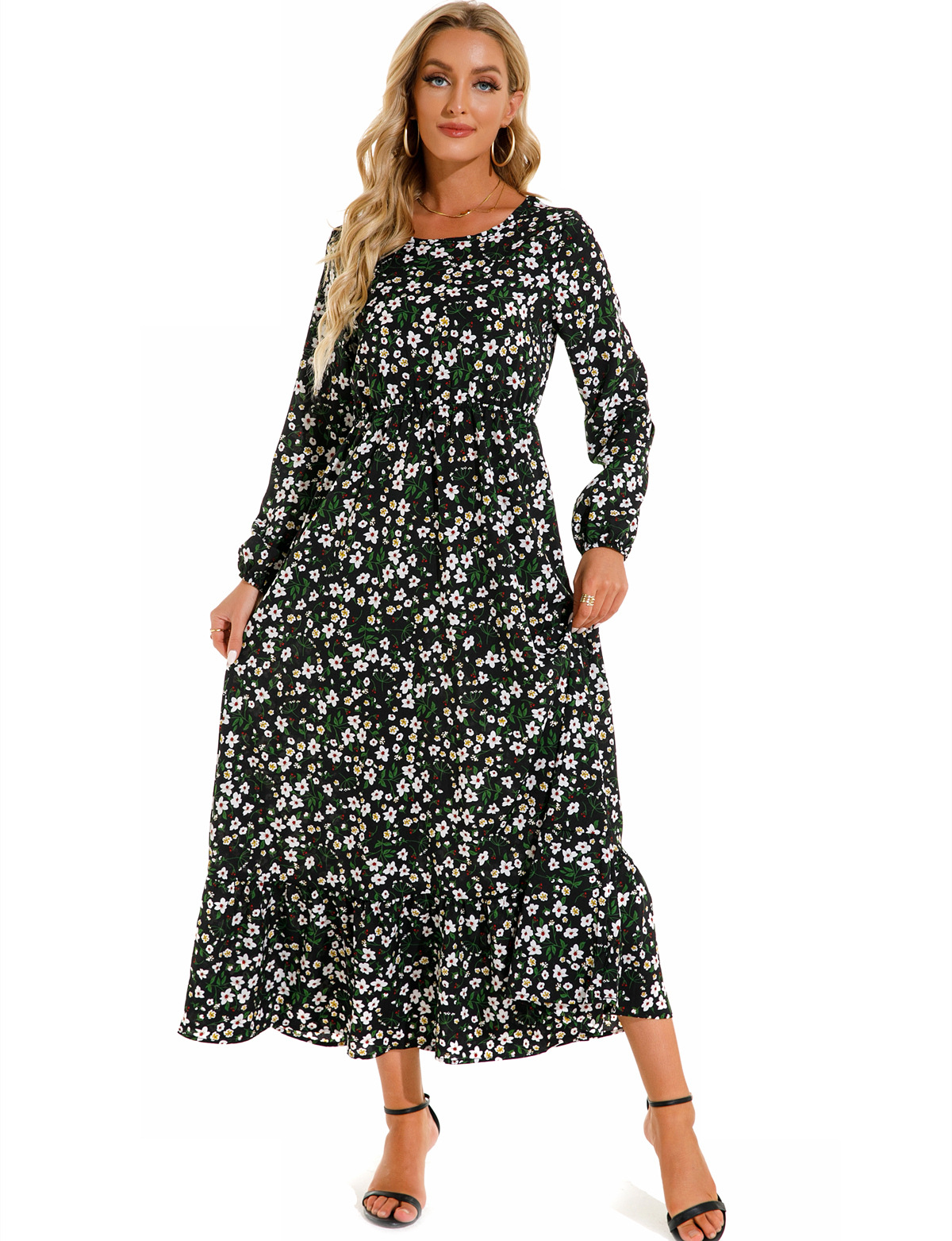 European and American floral long, round-neck, long-sleeved, waist-cinching and slimming dress pic 75