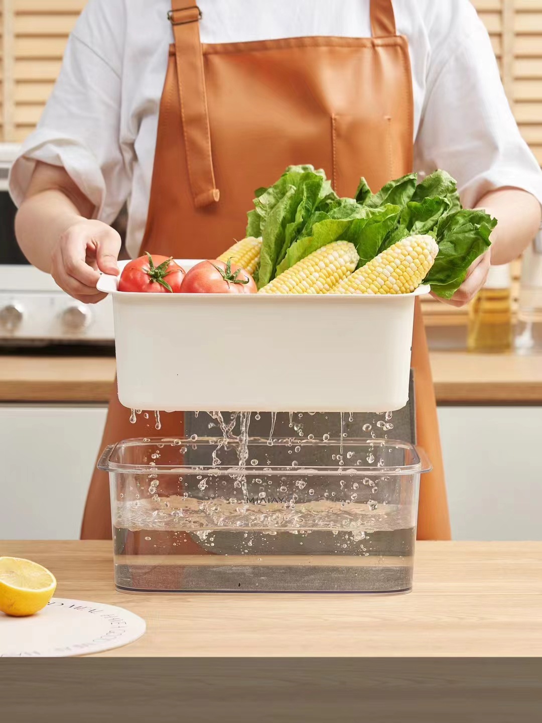 新款PET双层沥水篮创意塑料洗菜篮水果盆家用厨房收纳果蔬沥水盆详情6