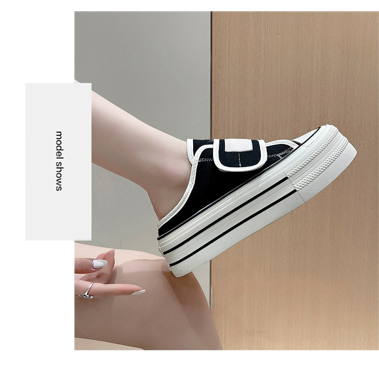 厚底两穿小白鞋女2024夏季新款一脚蹬懒人鞋增高半拖魔术贴帆布鞋详情11
