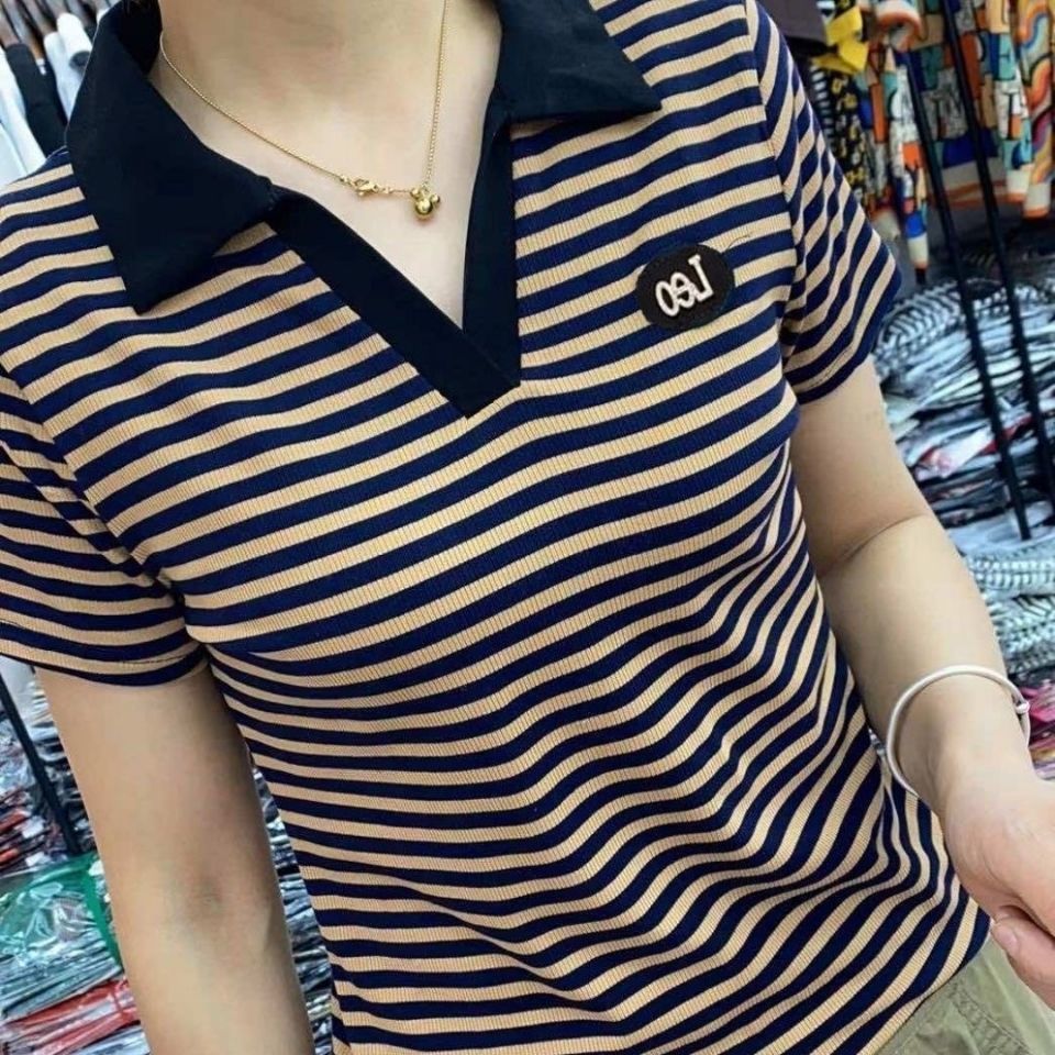 Verano manga corta cuello de solapa top moda 2022 mom wear holgado casual deportivo versátil talla grande camiseta mujer pic 1