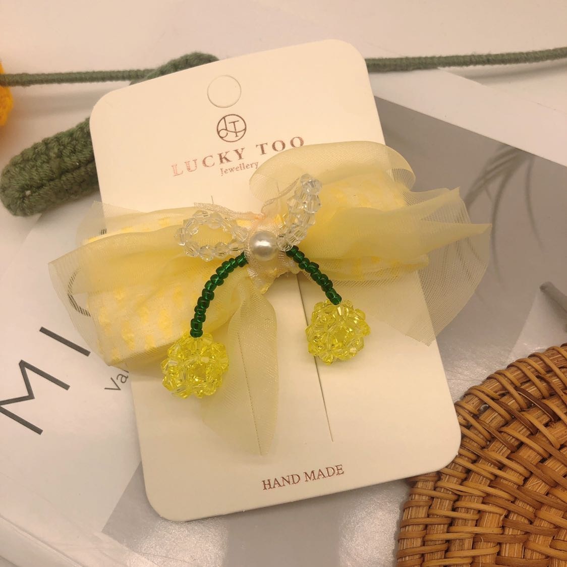 发夹LT10532韩版新款串珠珍珠樱桃布艺莎莎领结发饰发夹详情3