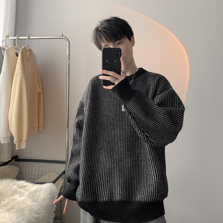 圆领条纹毛衣男款秋冬新款时尚套头针织衫日系复古宽松百搭上衣服详情13