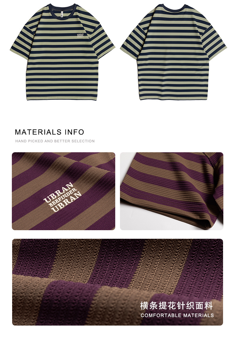古川男装|2024夏季新款提花条纹短袖男宽松圆领套图百搭学生半袖详情3
