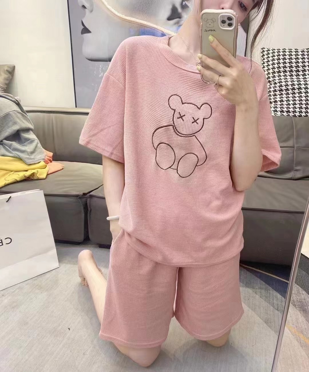 Waffle Bear Set 2022 New Fashion Embroidered outerwear, home wear, short-sleeved, trendy shorts, two-piece set for women pic 4