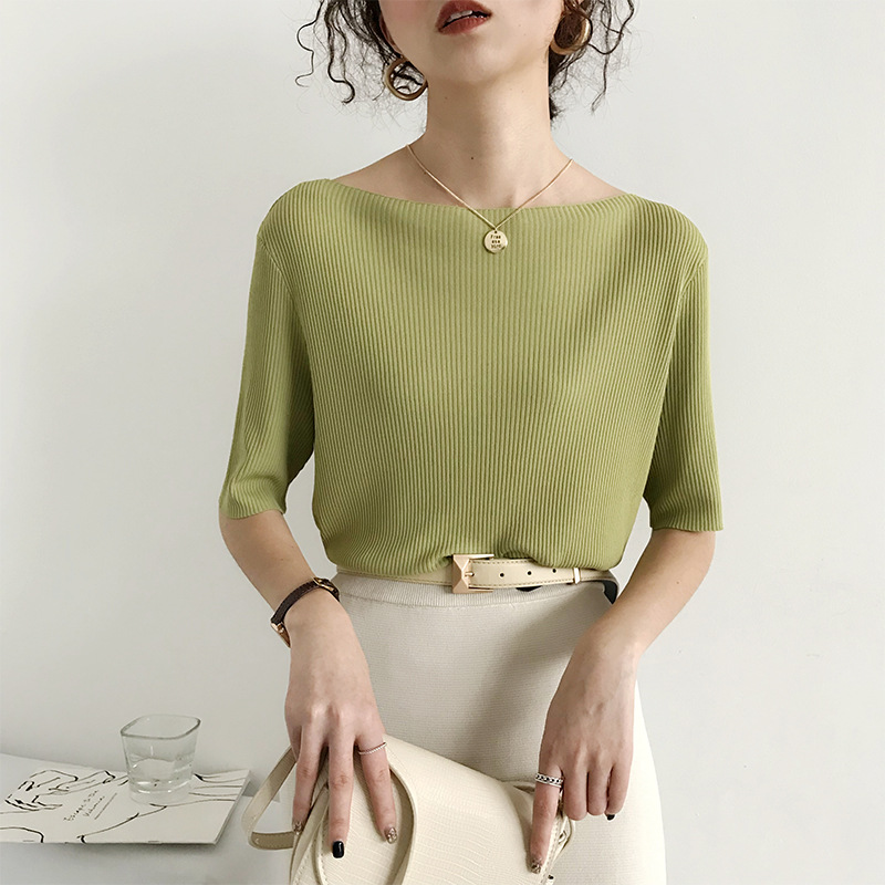 2021春秋新款百搭宽松一字领冰丝内搭针织上衣中袖T恤详情3