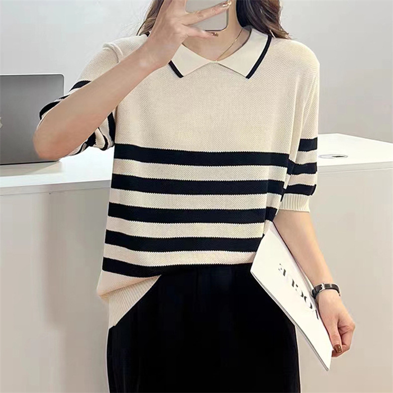 Color-blocking striped short-sleeved knitted sweater, summer Korean-style simple commuting ice silk top, pullover, base layer, lapel T-shirt for women pic 12