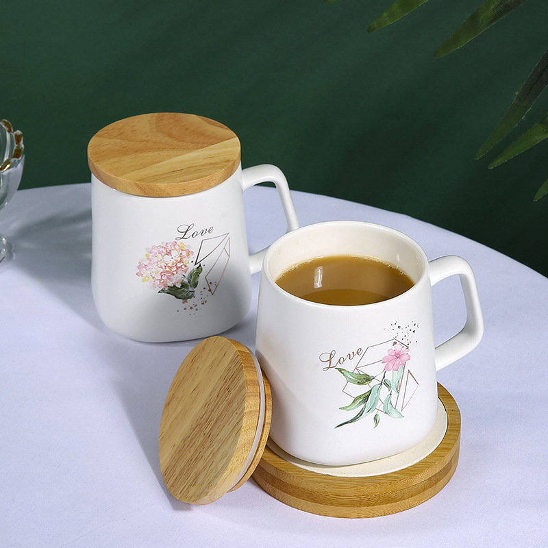 北欧陶瓷杯素雅花卉马克杯带竹盖小清新水杯带密封木盖杯子详情14