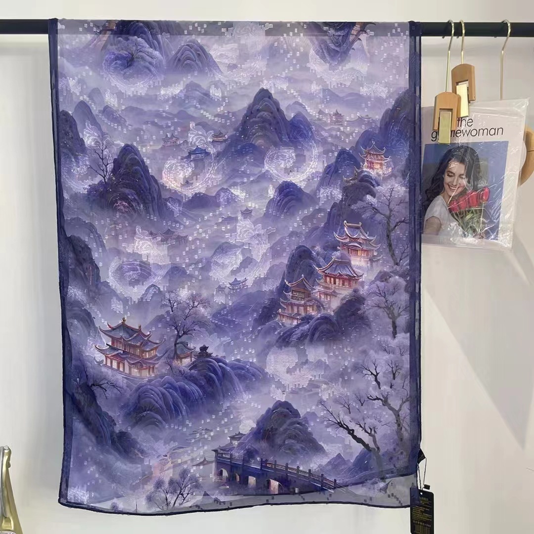 国潮新款仿香云纱大长巾女丝巾花萝仿真丝披肩围巾优雅中国风领巾复古详情9