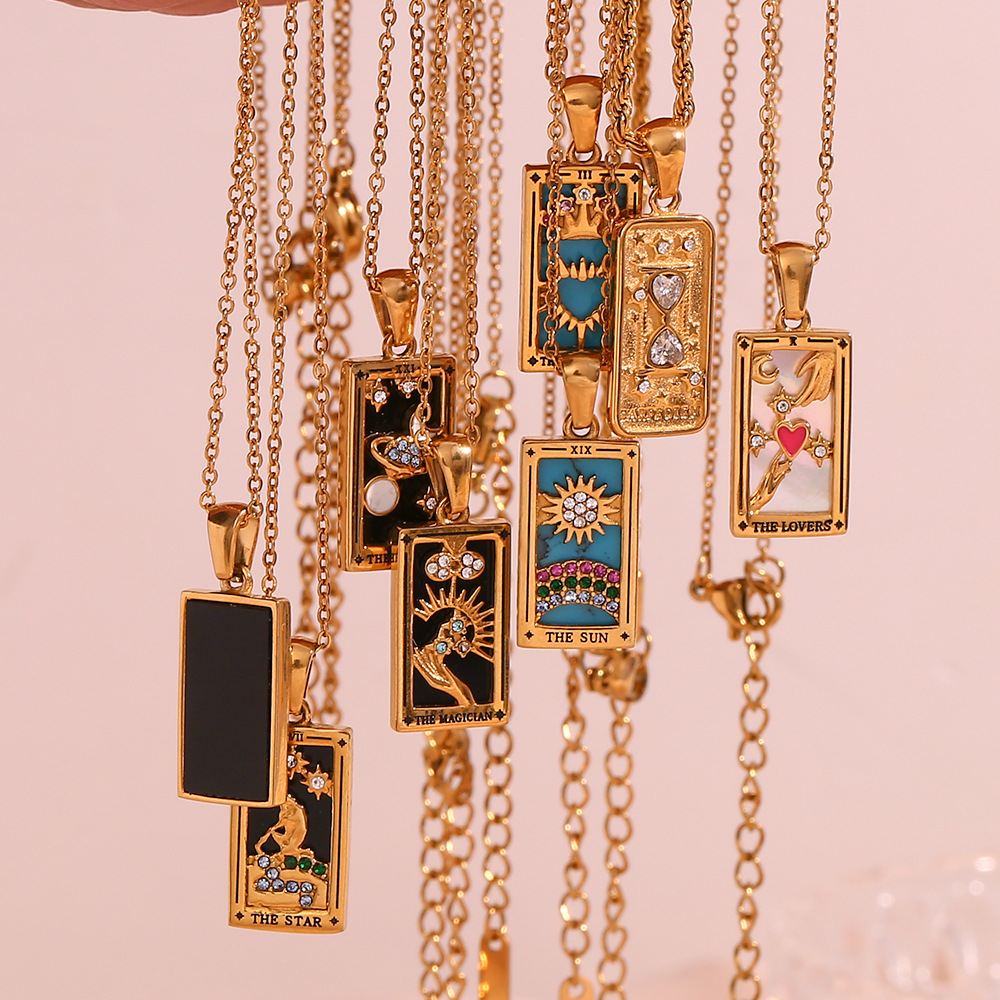 Stainless steel rectangular oil-dripping zircon tarot card necklace, a popular and retro pendant accessory on Instagram in Europe and America pic 11