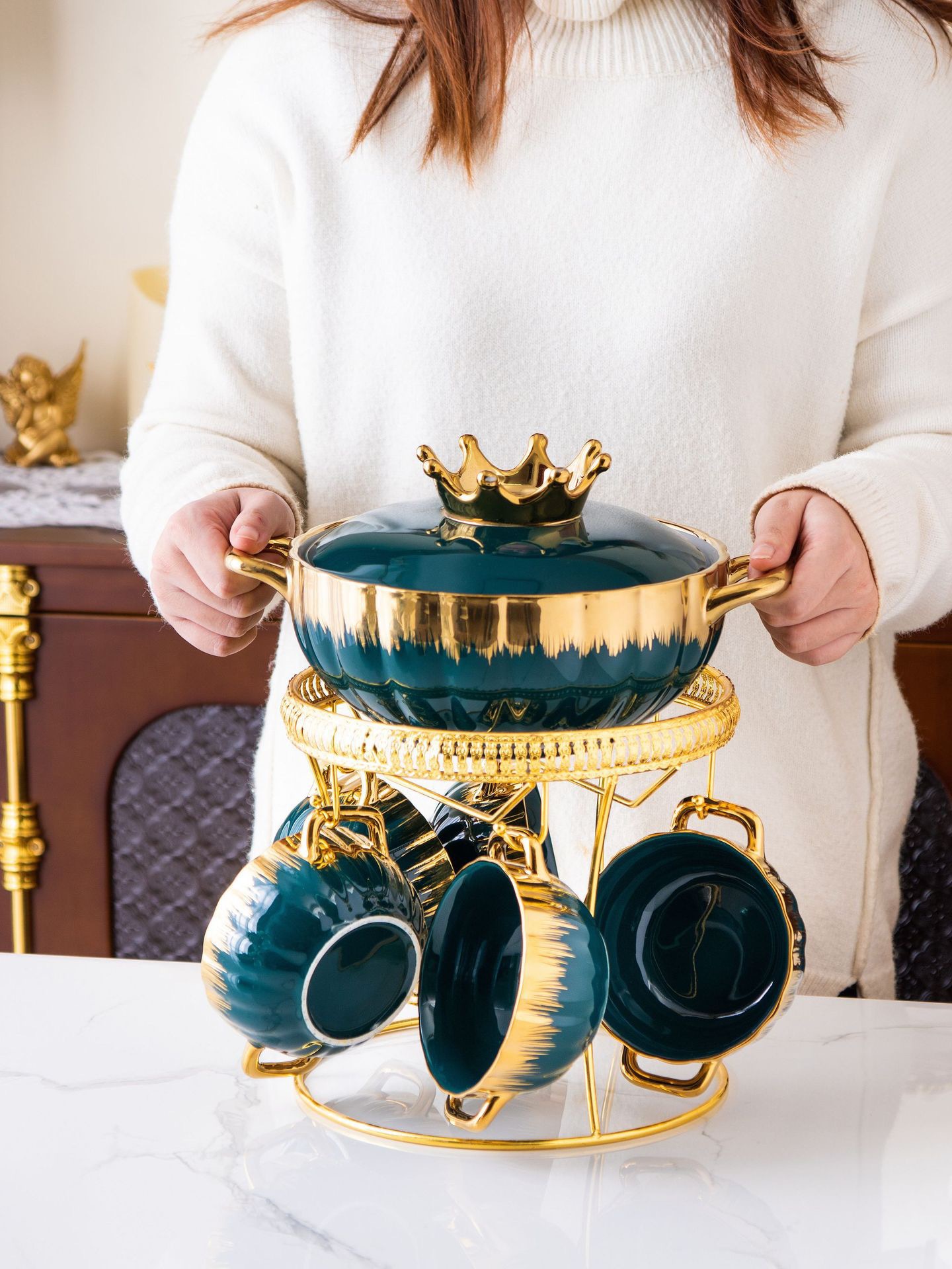 出口创意家用餐具镀金汤锅带盖高档轻奢双耳陶瓷汤锅套装带铁架详情3
