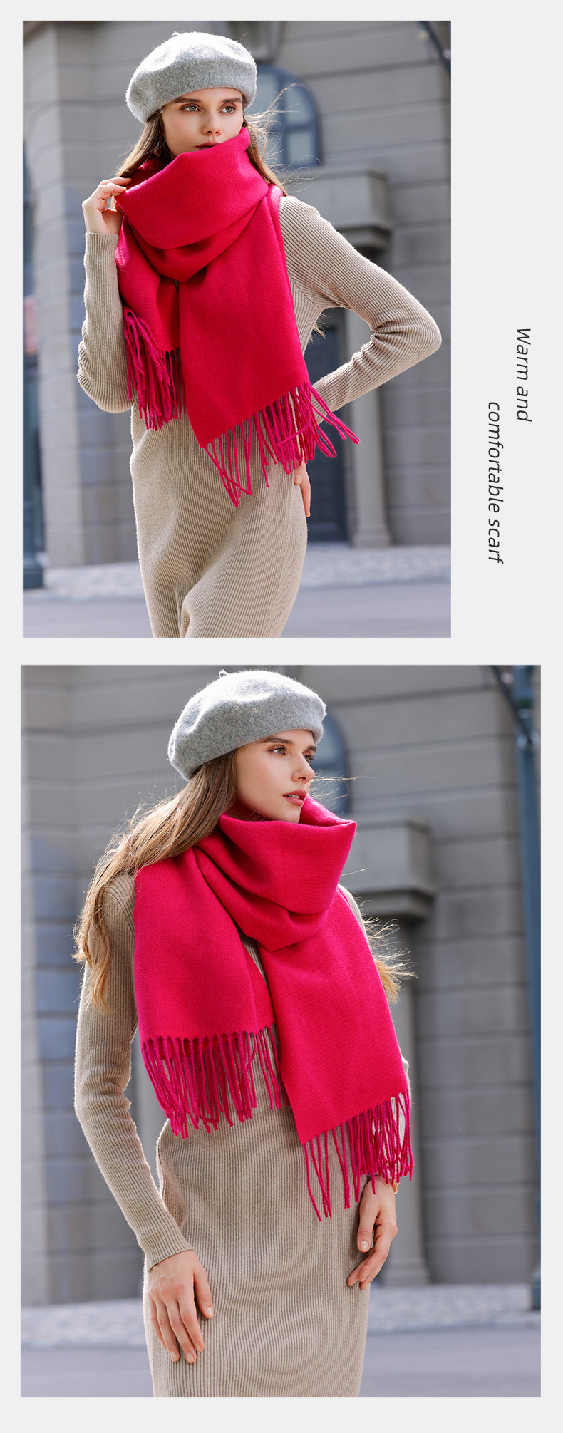 The 2023 new double-sided solid color macaron scarf for women is a bestseller in winter. It is fashionable and warm with faux cashmere tassels. Wholesale pic 19