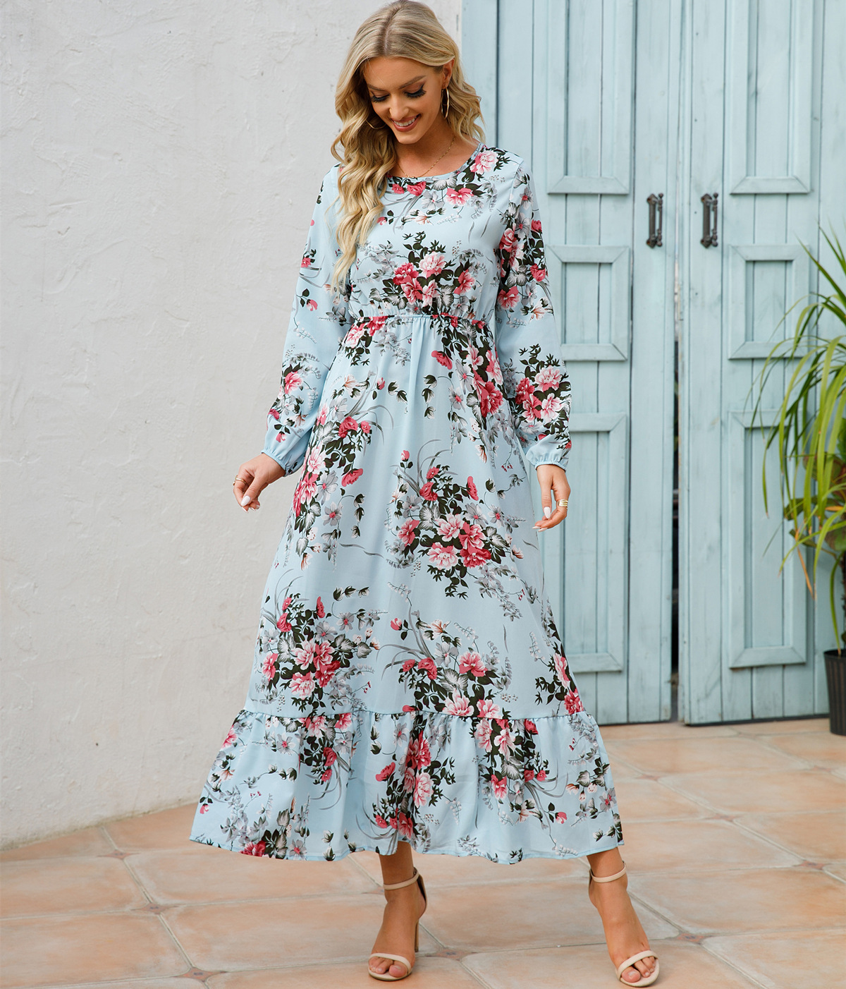 European and American floral long, round-neck, long-sleeved, waist-cinching and slimming dress pic 17