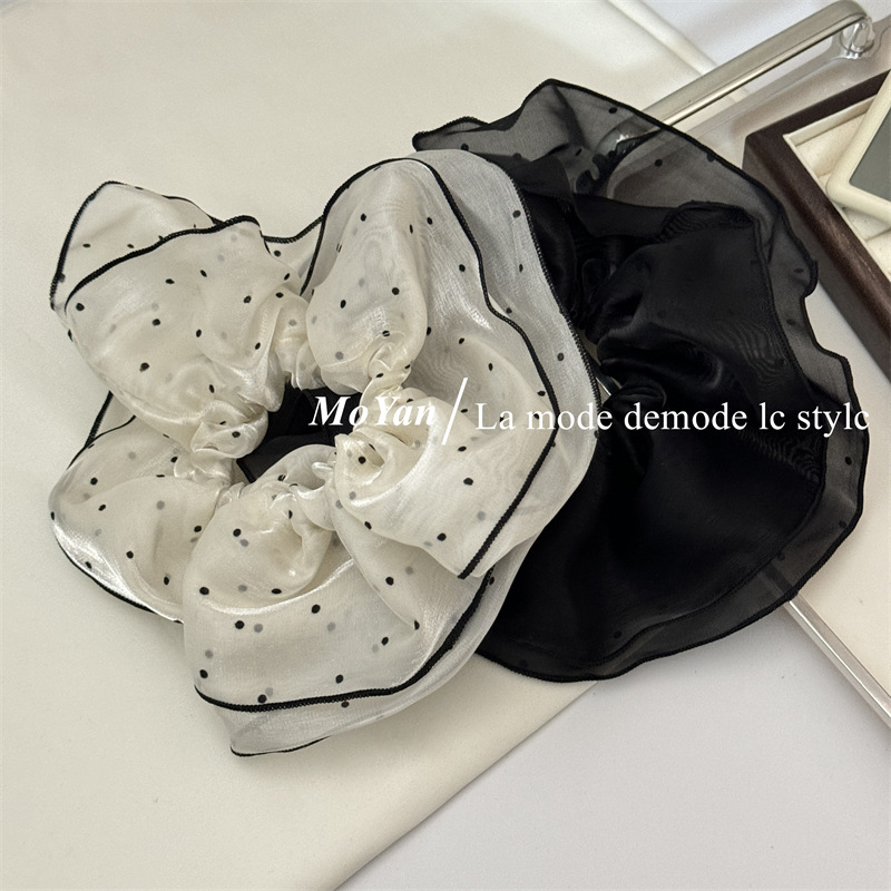 Double-layer fluffy cloud polka dot pearlescent gauze large intestine hair band, elegant bun hairstyle hair tie 2024 ponytail hair tie hair accessory pic 5