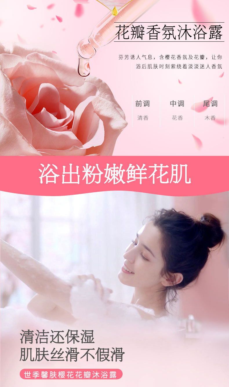 Wholesale Shiji Xinfu cherry blossom petal body wash, body lotion and body liquid, long-lasting fragrance, refreshing family set, one-piece consignment, street stall pic 2