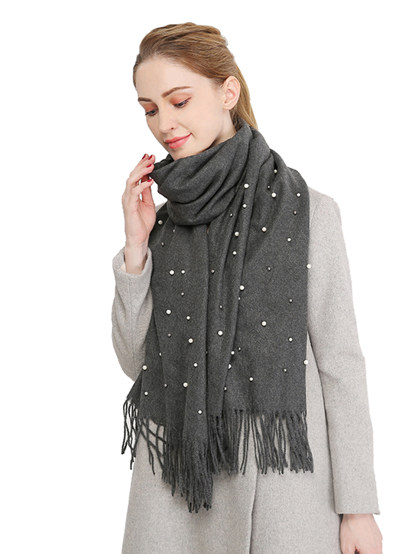 欧美热销 新款秋冬仿羊绒纯色刺毛钉珠披肩加厚保暖流苏女士围巾详情8