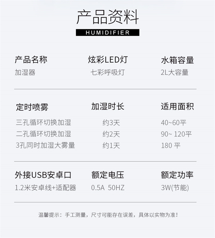 2021新款加湿器2L大容量喷雾补水USB三喷大雾量静音家用厂家代发详情20