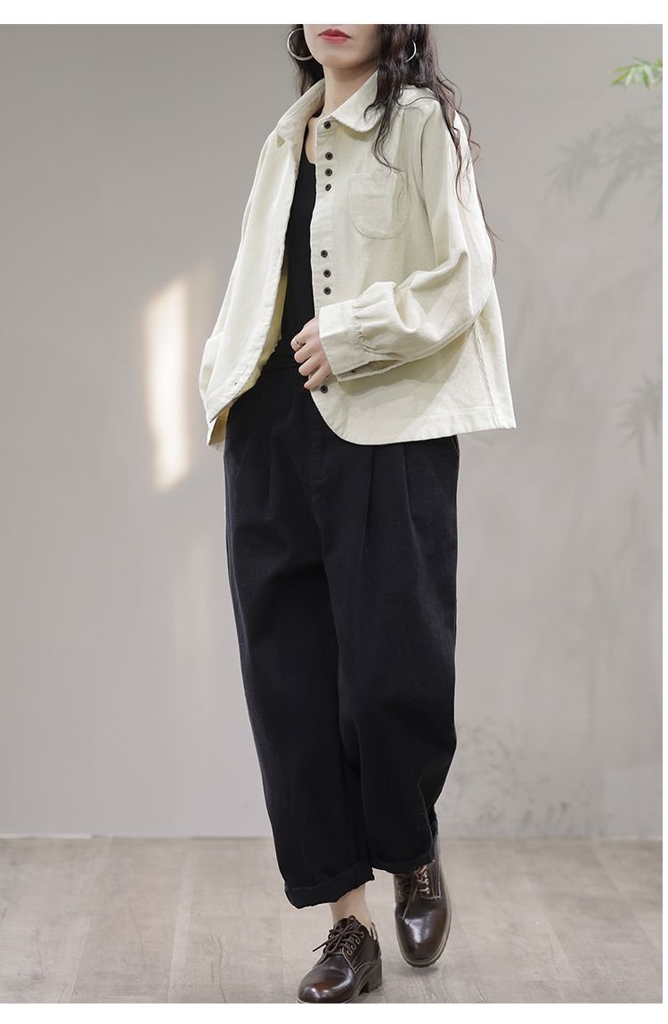 【现货】秋季衬衫文艺休闲时尚黑色长袖翻领灯芯绒女装衬衣开衫女详情1