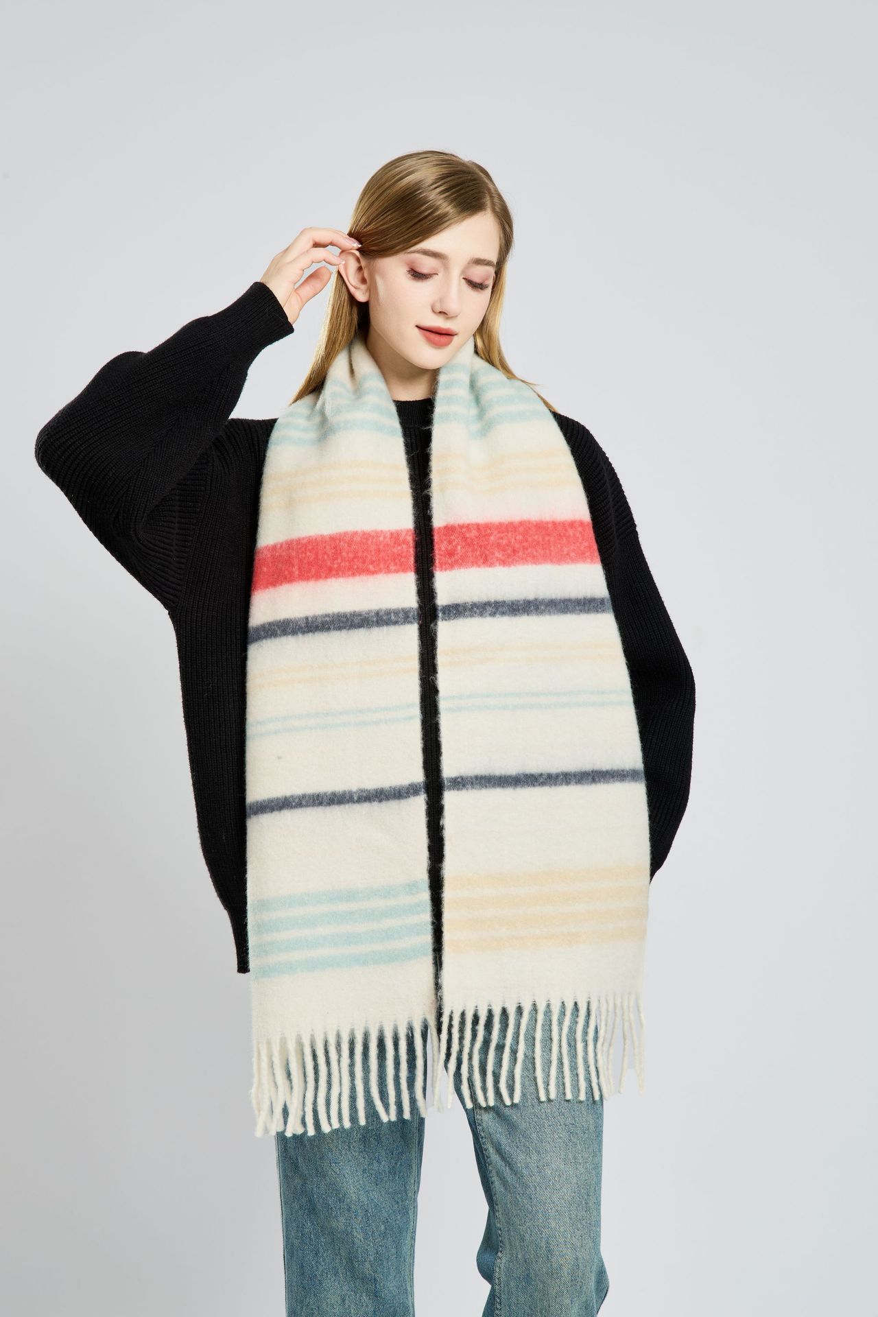 Korean-style knitted woolen scarf for women, thickened mohair for autumn and winter, warm in winter, versatile scarf, red shawl pic 5