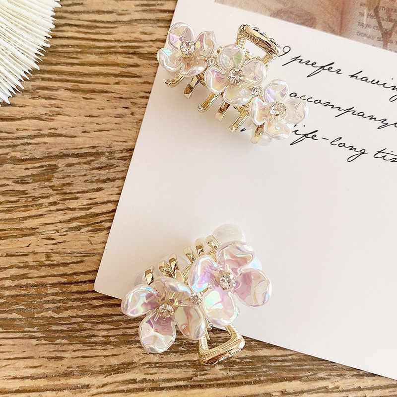 花朵夹子头饰发夹珍珠贝壳花水钻抓夹女小号鲨鱼夹网红女发卡发饰详情6
