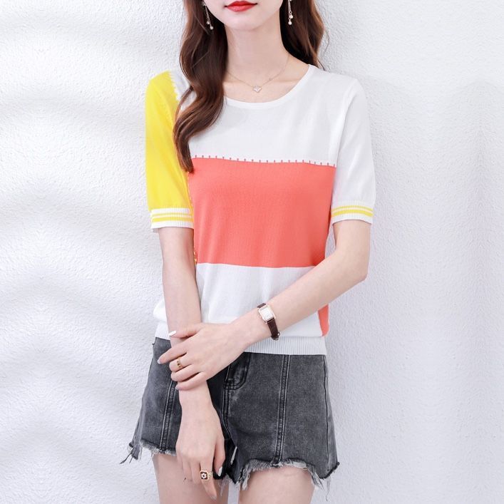 t恤高档夏季女装新款宽松韩版上衣女士针织衫短袖打底衫碎花条纹详情2