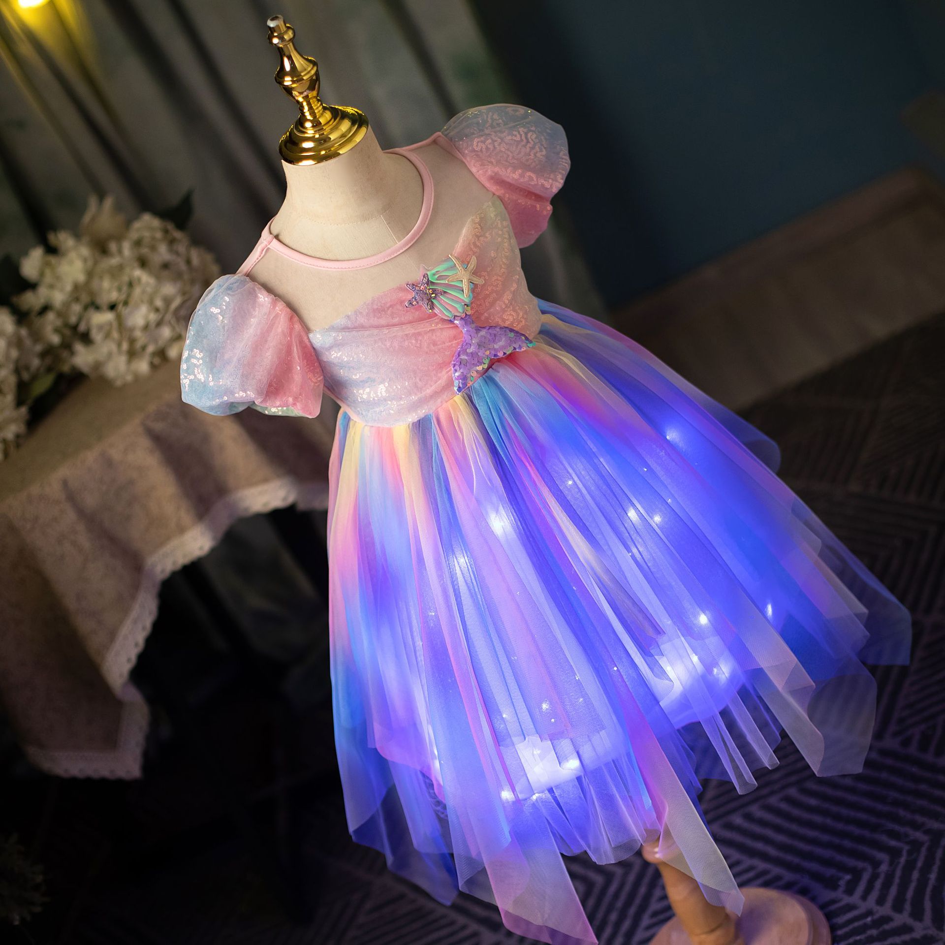 纯棉跨境女童连衣裙独角兽童裙女宝宝蓬蓬裙发光美人鱼公主裙代发详情23