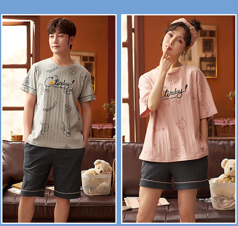 Novedades pareja manga corta pantalones cortos pijamas mujer verano slim algodón peinado hombre traje de hogar suelto casual cartoon pic 39