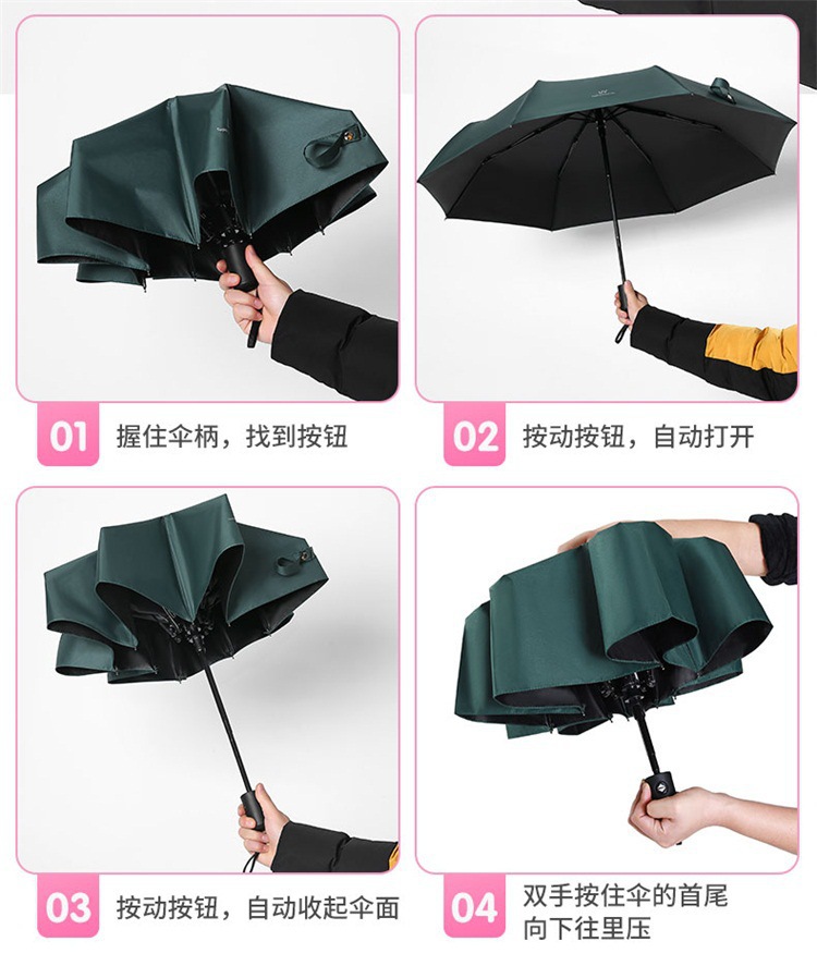 Fully automatic UV three-fold umbrella, black rubber sun protection, UV protection, sunshade umbrella, advertising umbrella, folding umbrella, female LOGO pic 4