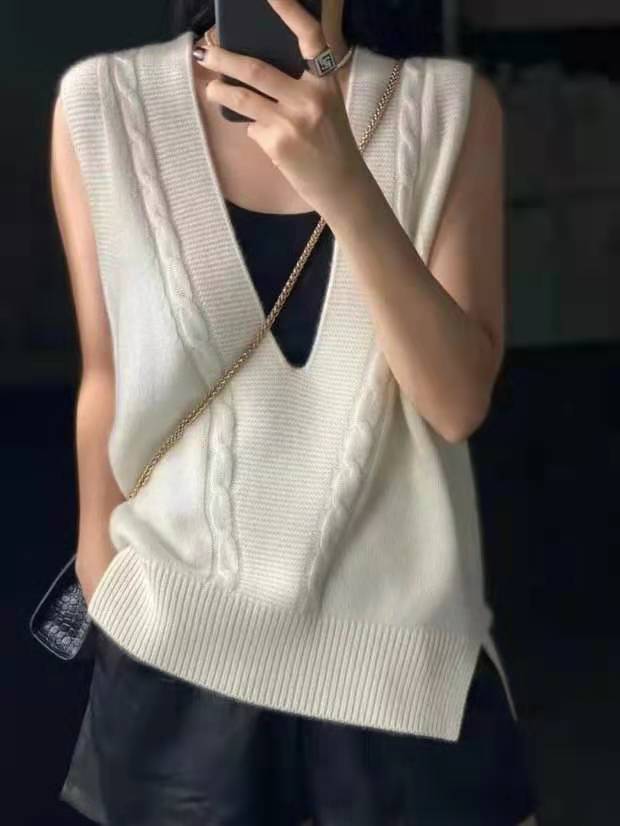秋季新款女士V领坎肩宽松大码针织毛衣韩版精纺羊毛扭花马甲背心详情5
