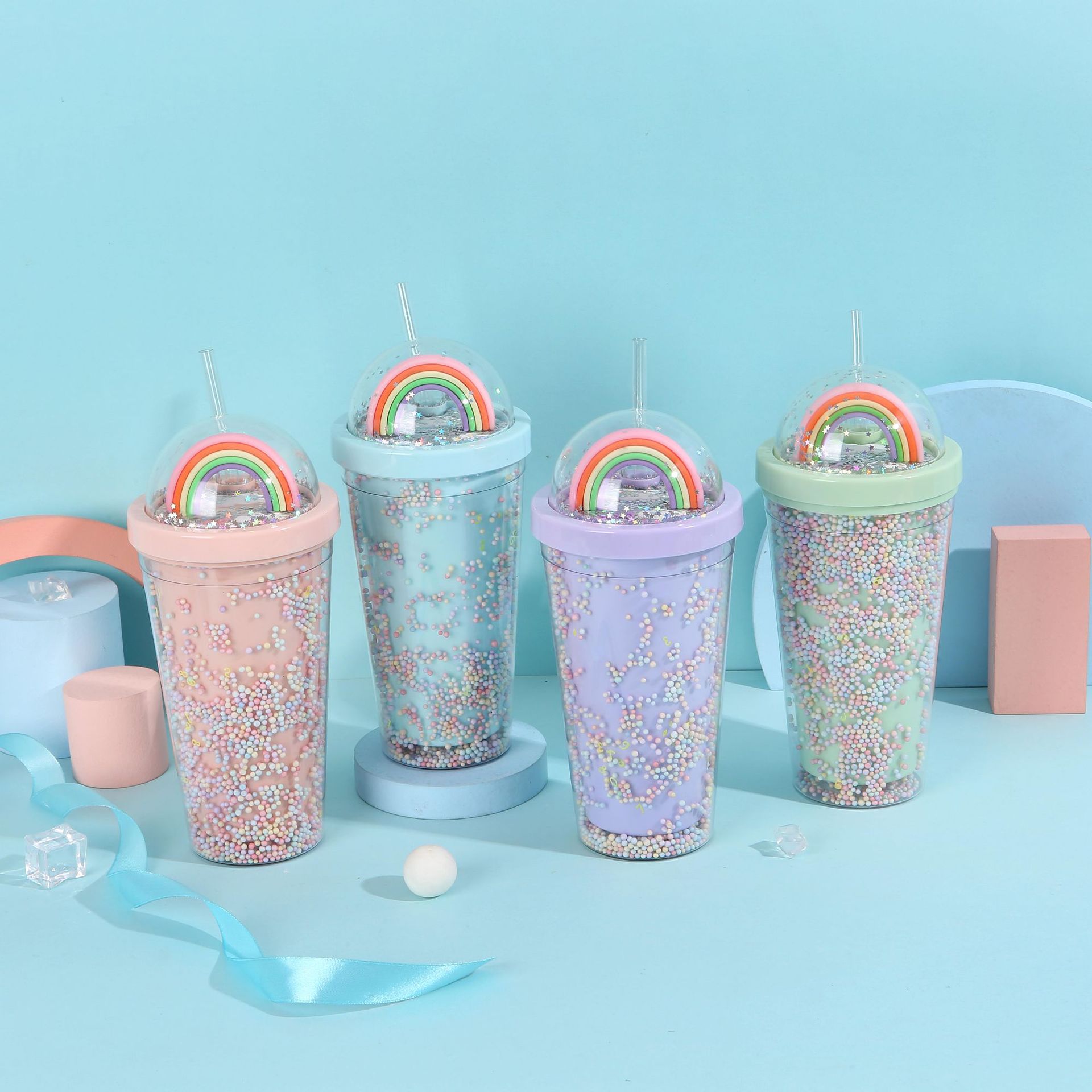 Student foam seven-color plastic cup, outdoor portable and cute water cup, Internet celebrity high appearance level creative rainbow straw cup pic 1