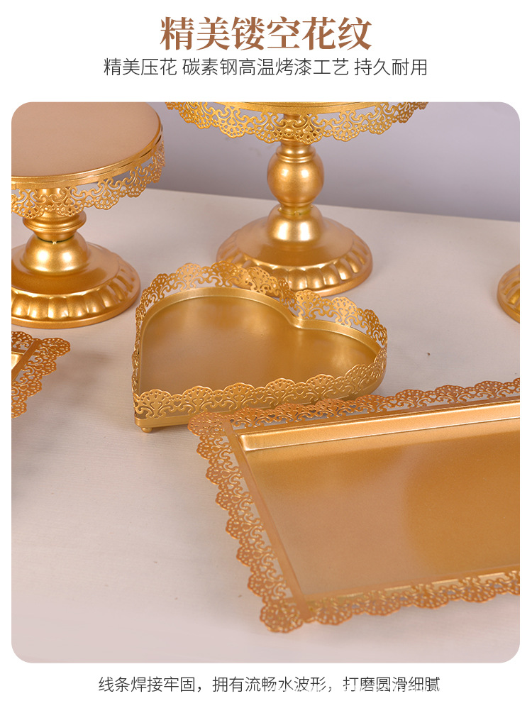 金色蛋糕架婚庆道具轻奢欧式甜品高脚托盘金属三件套晚会摆件套餐详情4