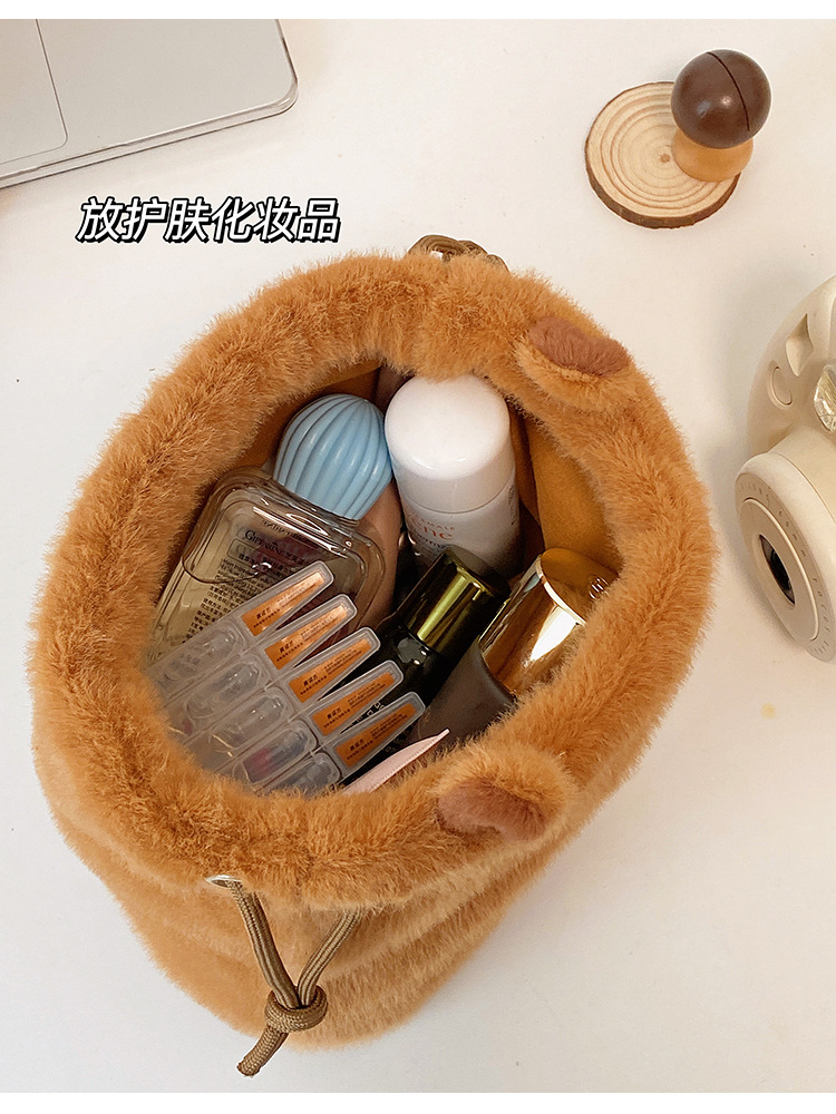 ✅ Cute plush kapibara drawstring pocket travel cosmetics camera polaroid storage bag hand pic 4