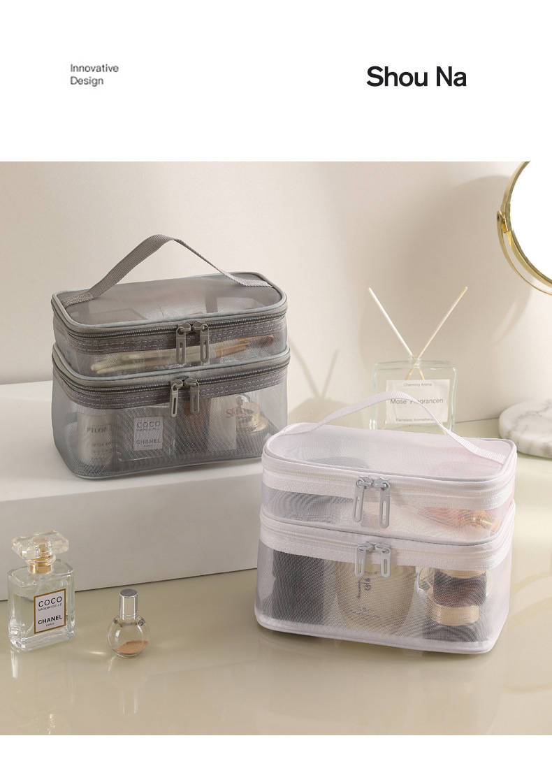 跨境现货新款手提包化妆包便携式透明大容量双层网纱洗漱收纳包袋详情21