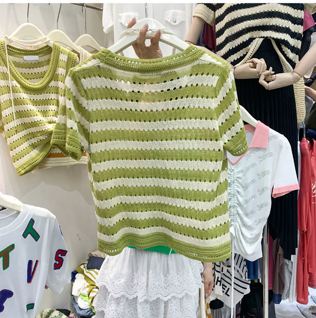 大码女装镂空韩系条纹针织短袖t恤复古圆领上衣时尚百搭2022夏季详情12