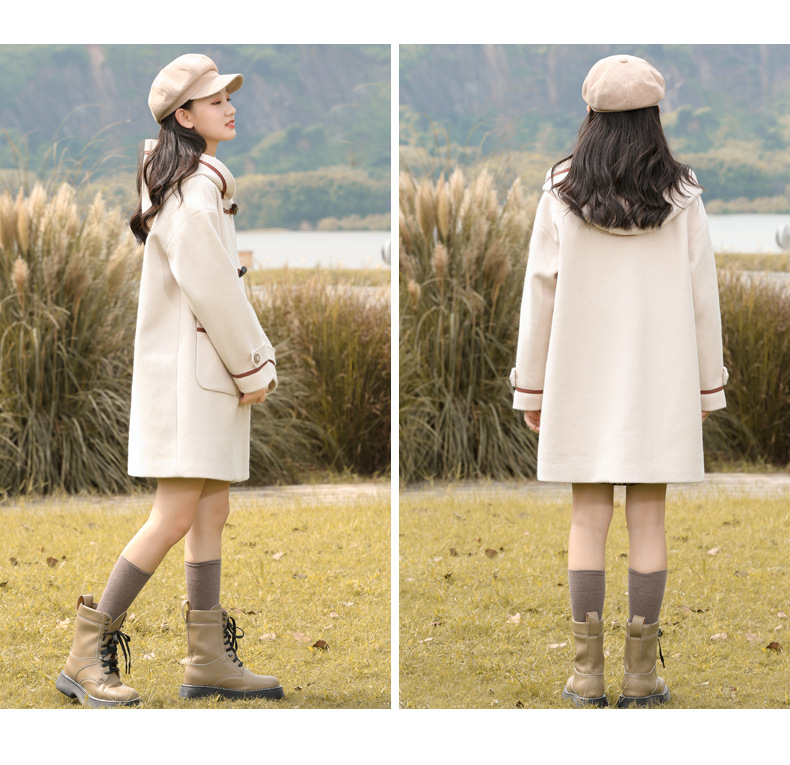 21516 College-style woolen coat 2021 Autumn/Winter new style for junior high school students, winter wear for girls with horn buttons and woolen fabric pic 8