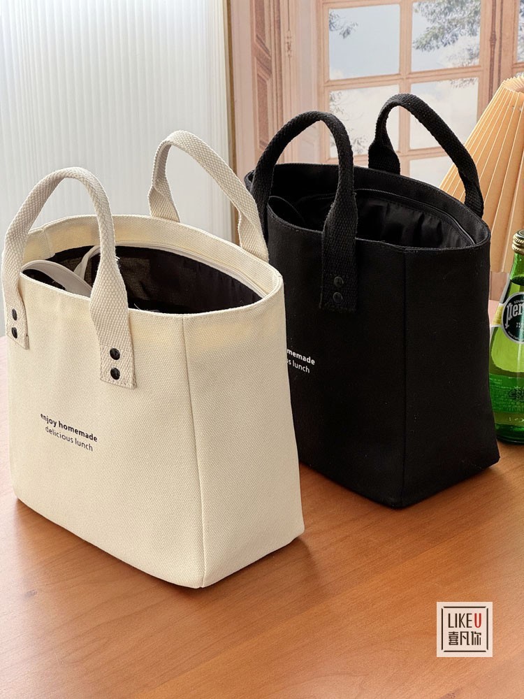 帆布纯色手提袋日式便当妈咪上班族外出带饭简约撞色时尚拎包饭盒详情7