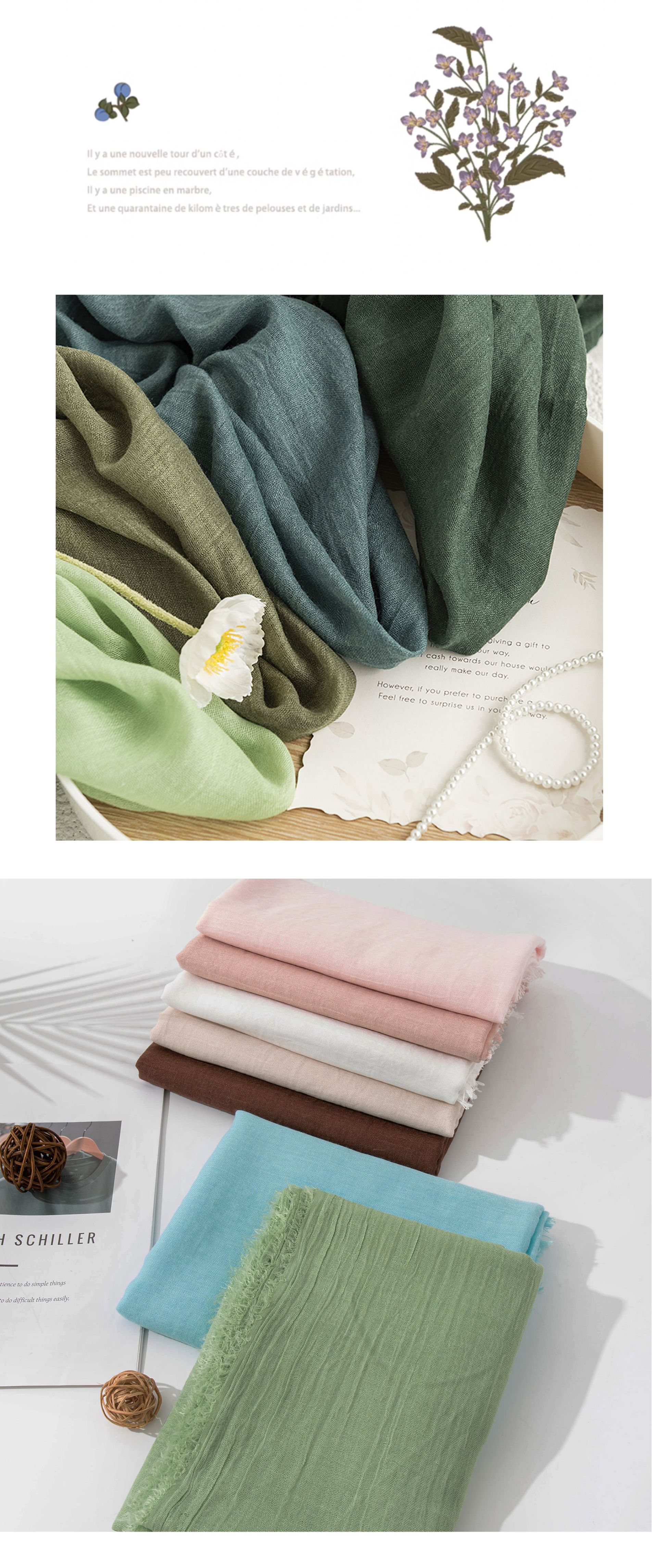 Cross-border cotton and linen scarf with a high-end feel, solid color for spring and summer, Japanese and Korean atmosphere, sun-protective shawl, simple long silk scarf pic 24