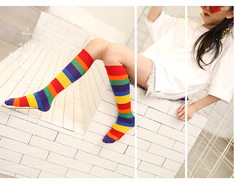 Niñas medias de tubo primavera otoño invierno rainbow cotton dance calcetines estudiante bebé sobre la rodilla calcetines niños pila pila pic 7