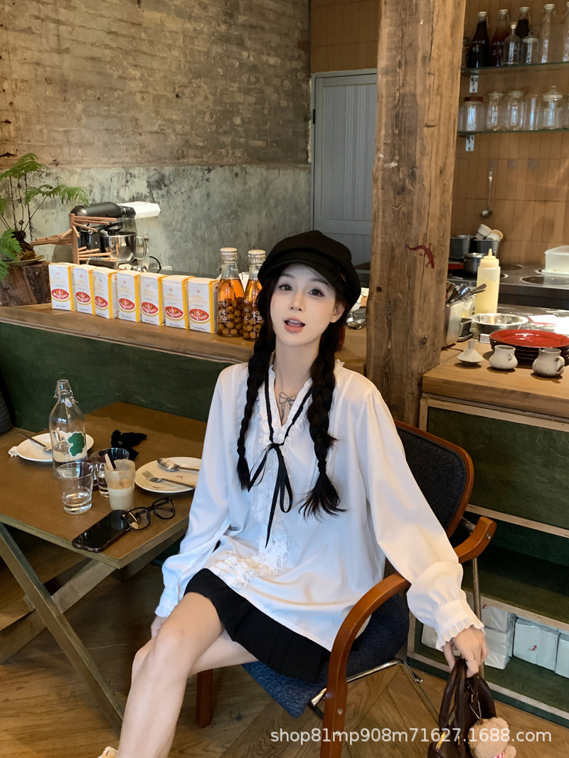 法式千金早春压褶小众气质名媛甜美系带蝴蝶结衬衫女长袖白衬衣女详情9
