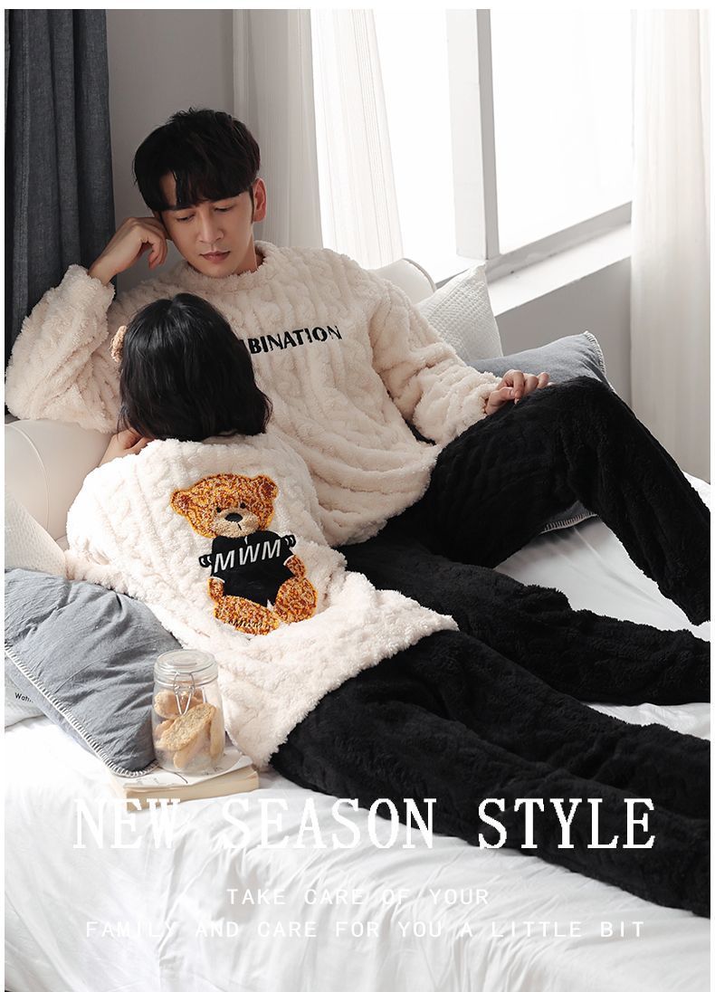 2套价 冬季女秋冬珊瑚绒加绒加厚法兰绒男家居服详情29