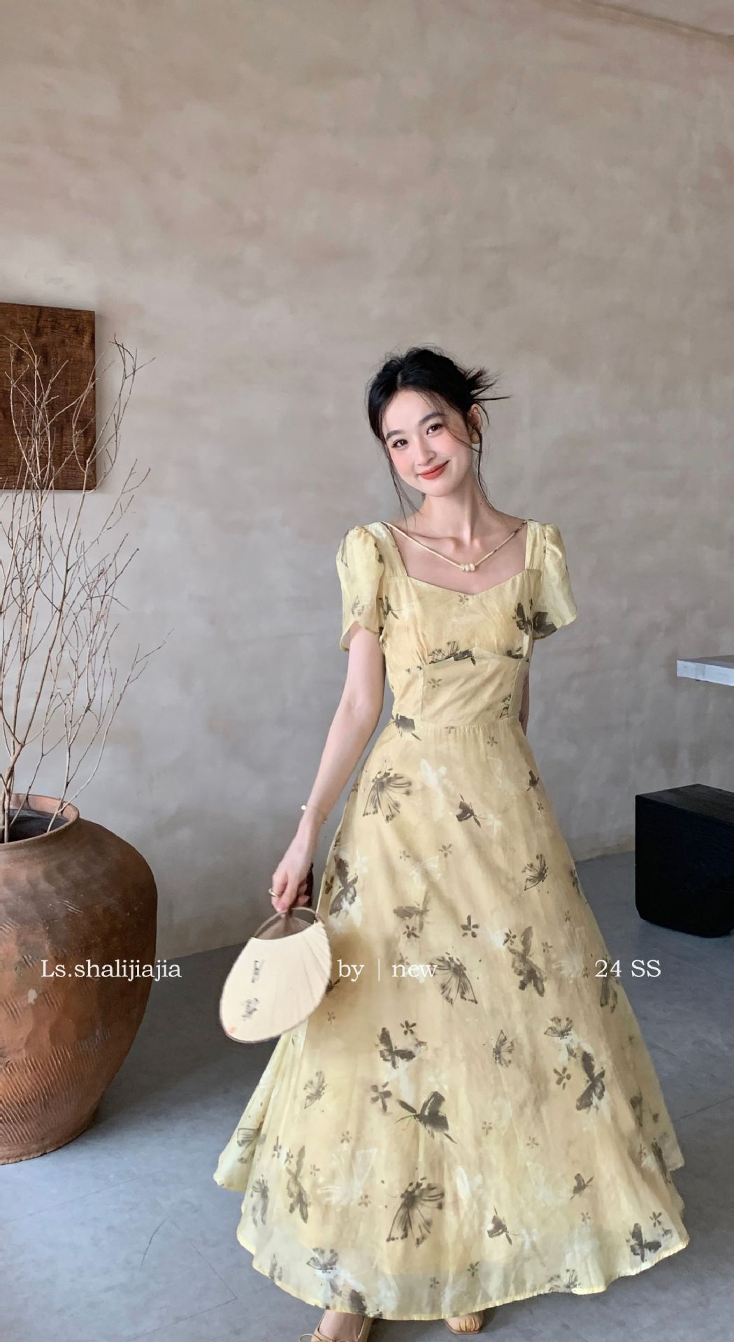 LS广州十三行春夏2024新品女装碎花度假优雅修身方领连衣裙51250#详情13