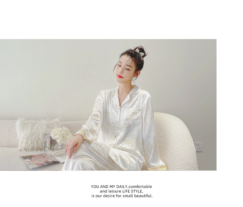 2023春季新款情侣睡衣女印花冰丝长袖长裤套装可外穿男士家居服夏详情13