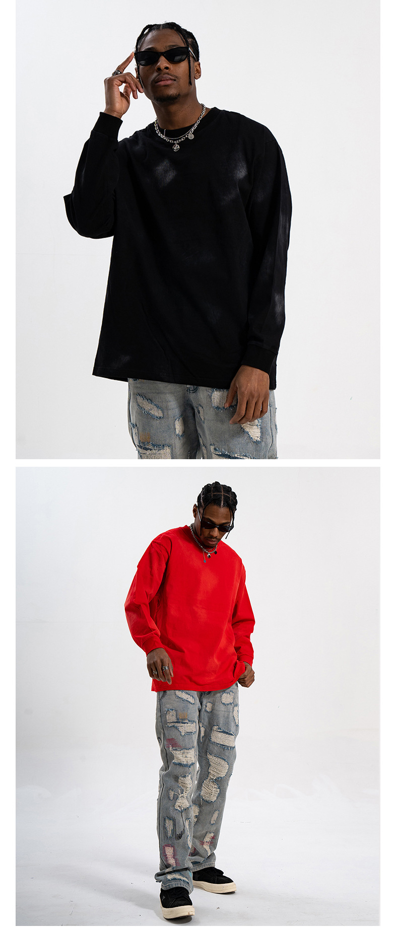 LawFoo国潮牌美式情侣洗水做旧不规则漆块长袖T恤男街头复古宽松详情11