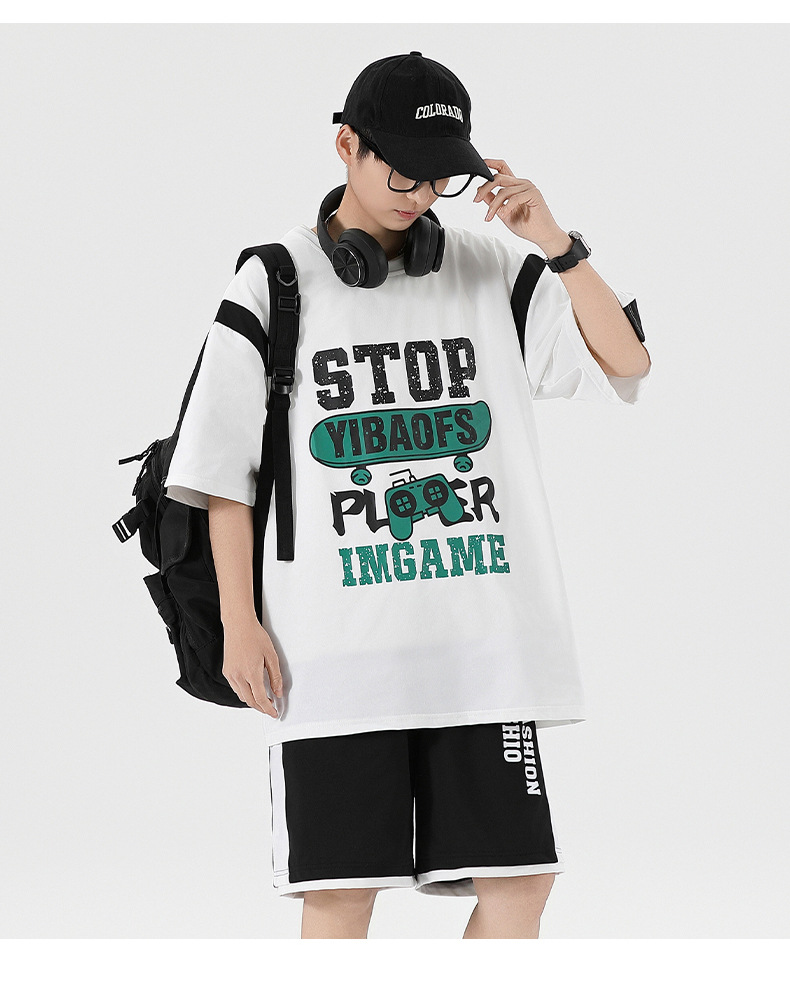 夏季薄款宽松短袖T恤套装批发青少年男初高中生潮流帅气两件套详情19