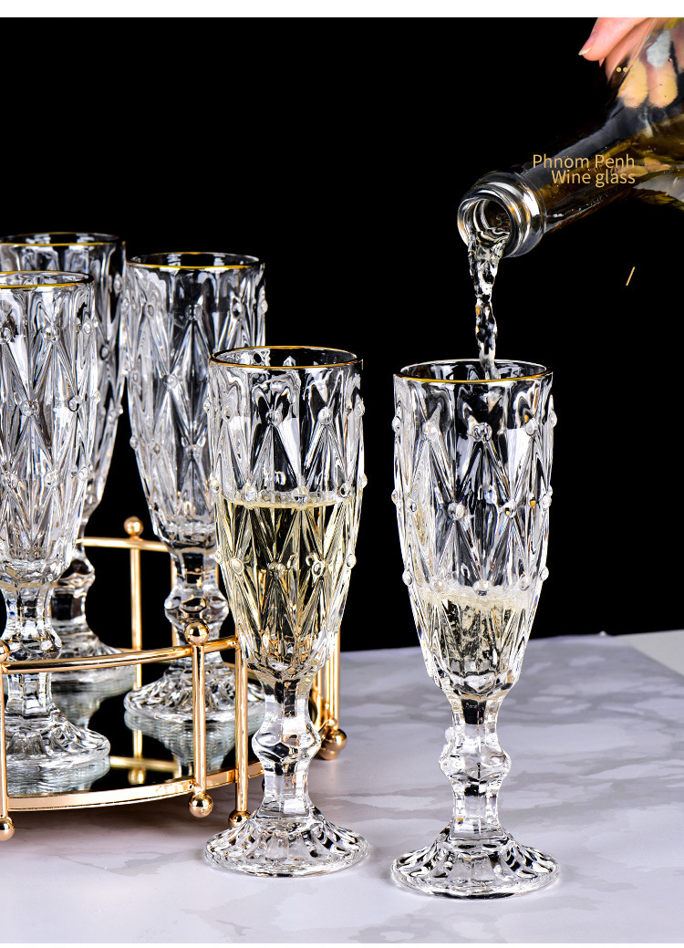 厂家批发透明玻璃果汁杯 机压印花加厚复古菱形花纹红酒香槟杯详情6