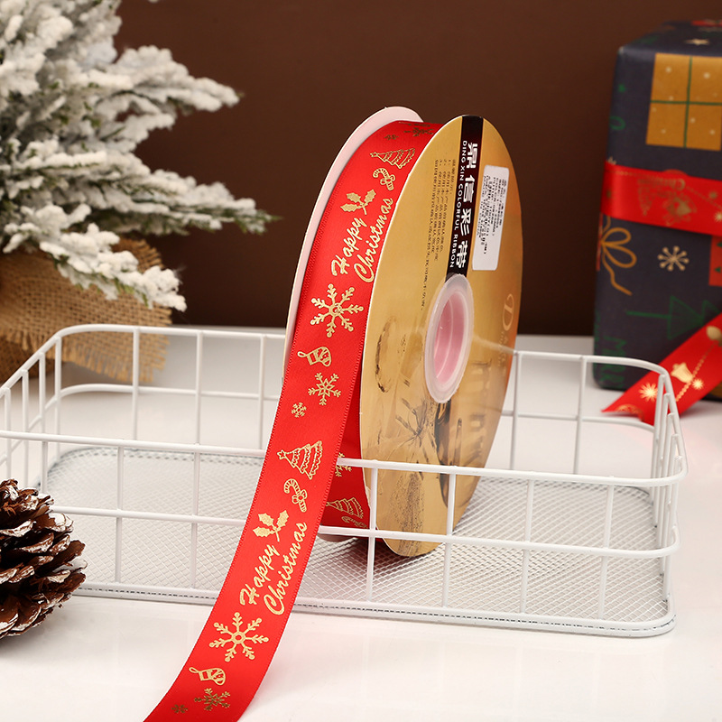 Dingxin 2.5CM Christmas ribbon in stock wholesale, gold-embossed snowflake DIY Christmas gift packaging color ribbon Polyester ribbon pic 10