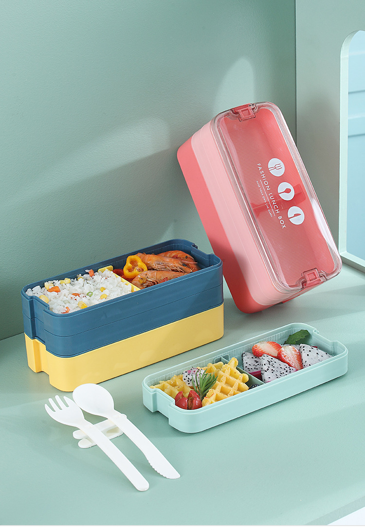 INS三层塑料饭盒可微波学生上班族便携午餐盒日式带饭餐盒便当盒详情19