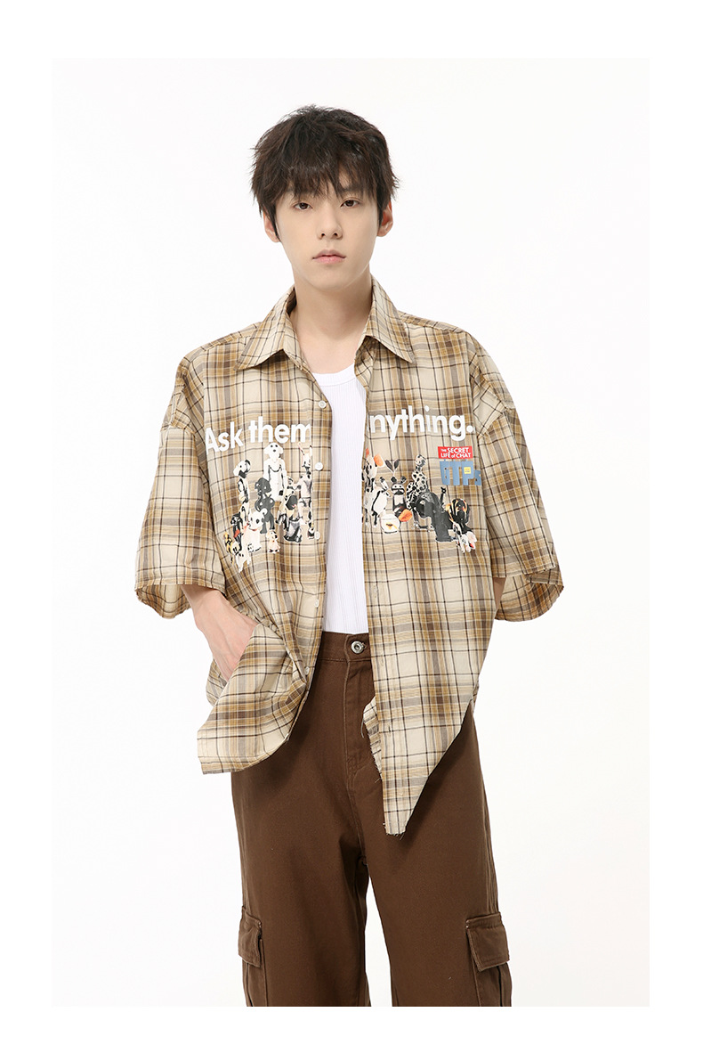 MTLCLOTHES男装|2024夏款新品 小众趣味复古卡通印花格子衬衫休闲详情8